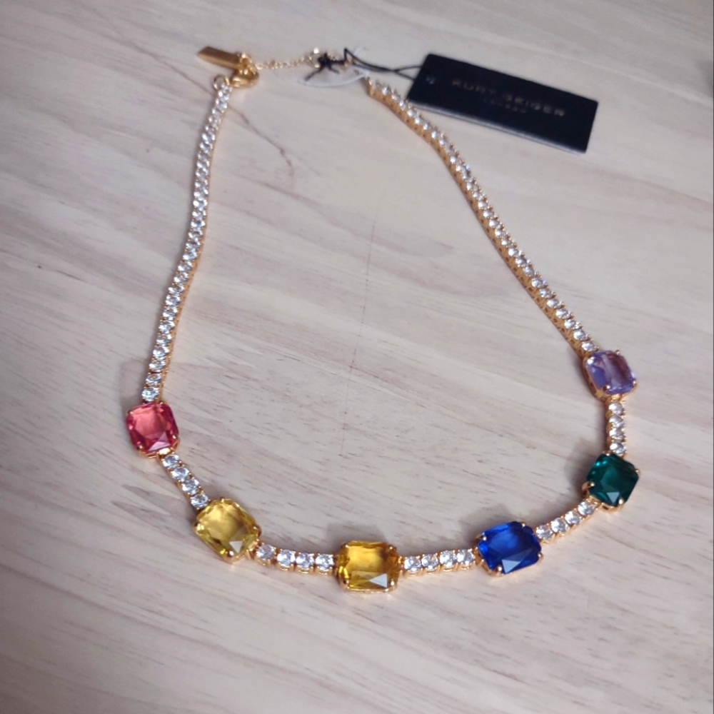 Kurt Geiger Colorful Sparkling Crystal Gold Necklace Y2K